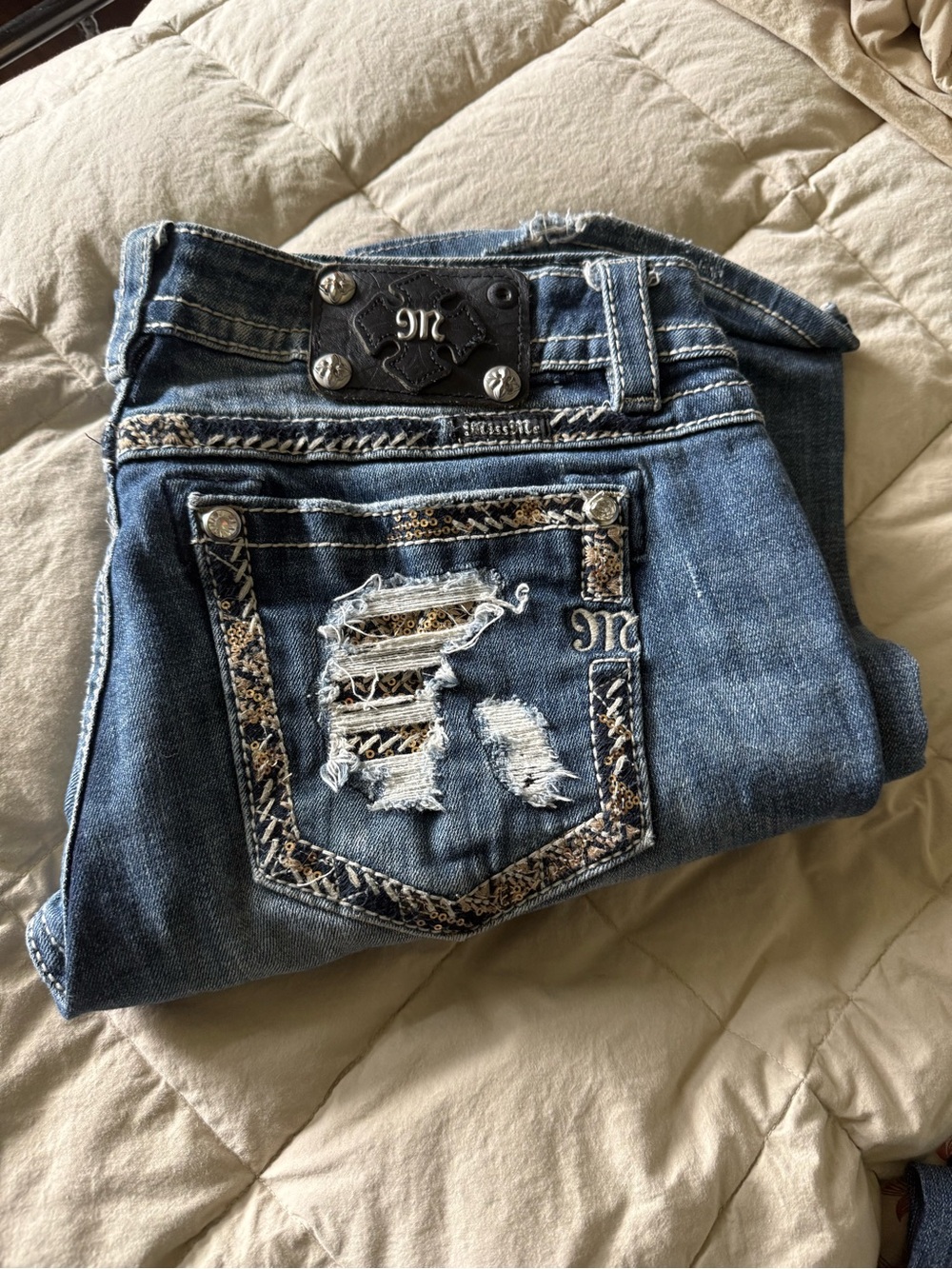 Miss Me Blue Distressed Boot Cut Jeans with Embroidered Pocket